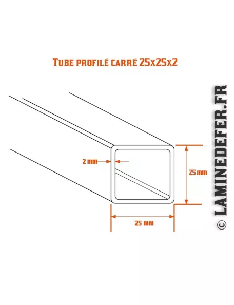 Schéma du tube profilé carré 25x25x2